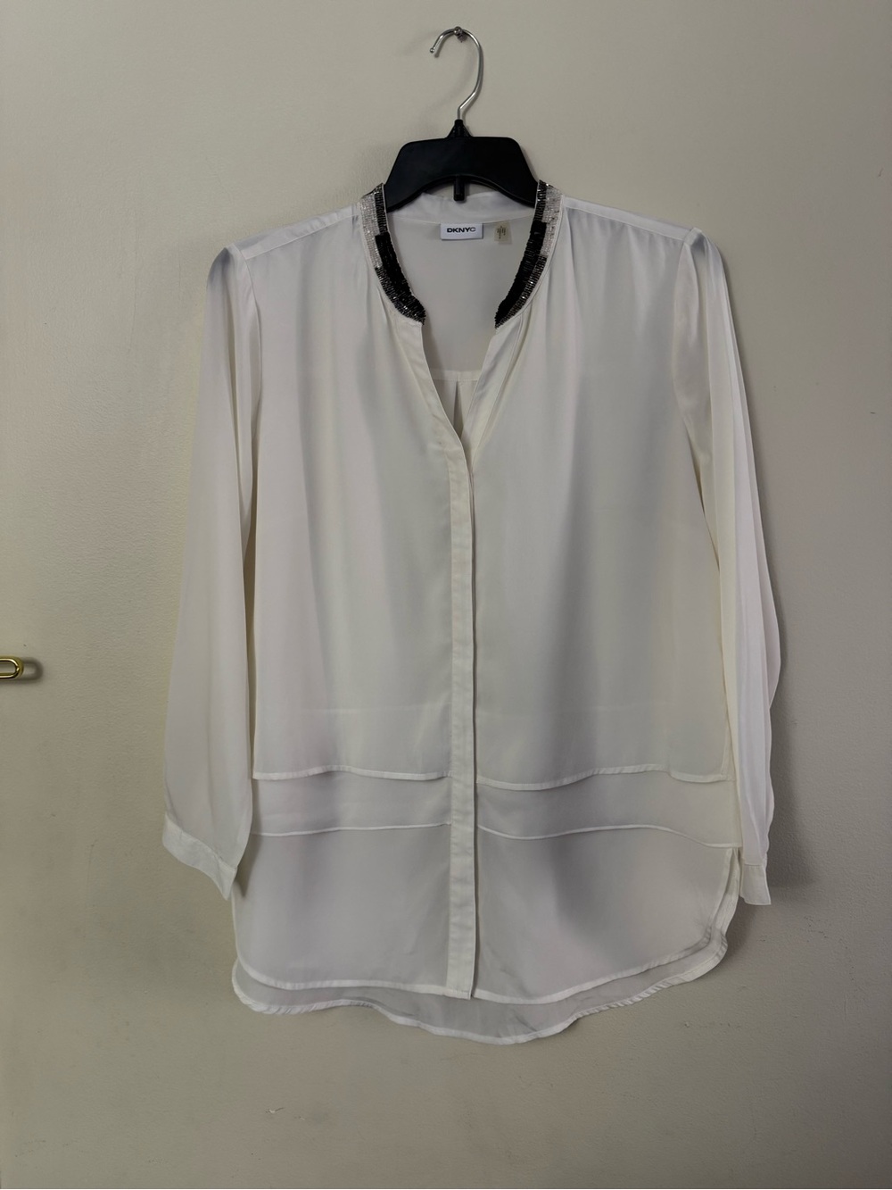 DKNYC White Long-Sleeve Blouse with Beaded Collar